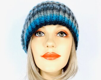 Chunky Hand Knit Hat, Slouchy Hat Size Med/Large  -  Ribbed Striped Hat in Turquoise & Grey Wool - Unisex  - Item 1278