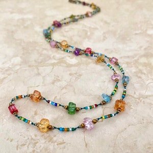 Long Seed Bead and Glass Nugget Necklace Knot Rock Candy Hand-Knotted Necklace 32 inches image 3