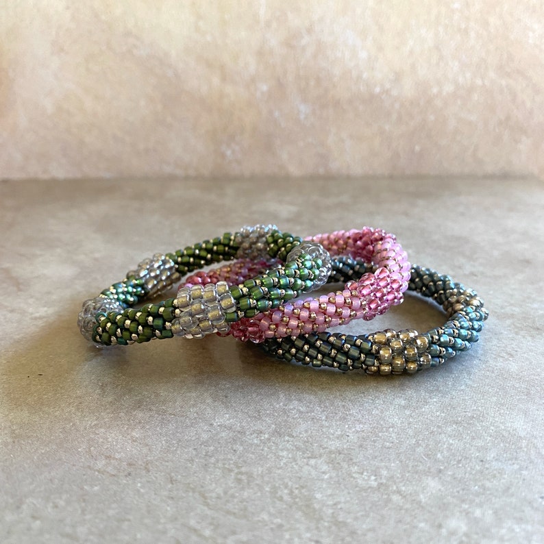 Dressy Beaded Bangles the Pentastics in Green, Pink, or Blue in Two Sizes image 1