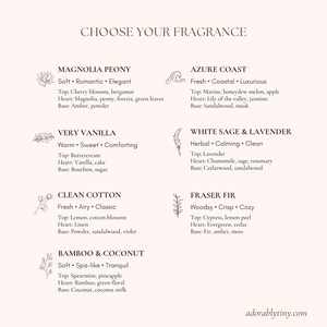 Pu&ograve; includere: Un menu di fragranze intitolato CHOOSE YOUR FRAGRANCE che elenca sette opzioni: Magnolia Peony, Azure Coast, Very Vanilla, White Sage & Lavender, Clean Cotton, Fraser Fir e Bamboo & Coconut, ognuna con note descrittive e icone.