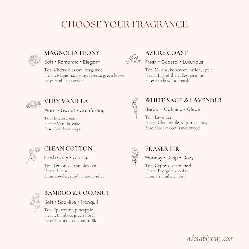 Pu&ograve; includere: Un menu di fragranze intitolato CHOOSE YOUR FRAGRANCE che elenca sette opzioni: Magnolia Peony, Azure Coast, Very Vanilla, White Sage & Lavender, Clean Cotton, Fraser Fir e Bamboo & Coconut, ognuna con note descrittive e icone.