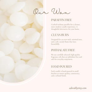 Pu&ograve; includere: Una raccolta di piccole perle di cera bianca opaca. Il testo recita: Our Wax, PARAFFIN FREE, CLEAN BURN, PHTHALATE FREE, HAND POURED, insieme a frasi descrittive per ogni punto e l'indirizzo web adorablytiny.com in fondo all'immagine.