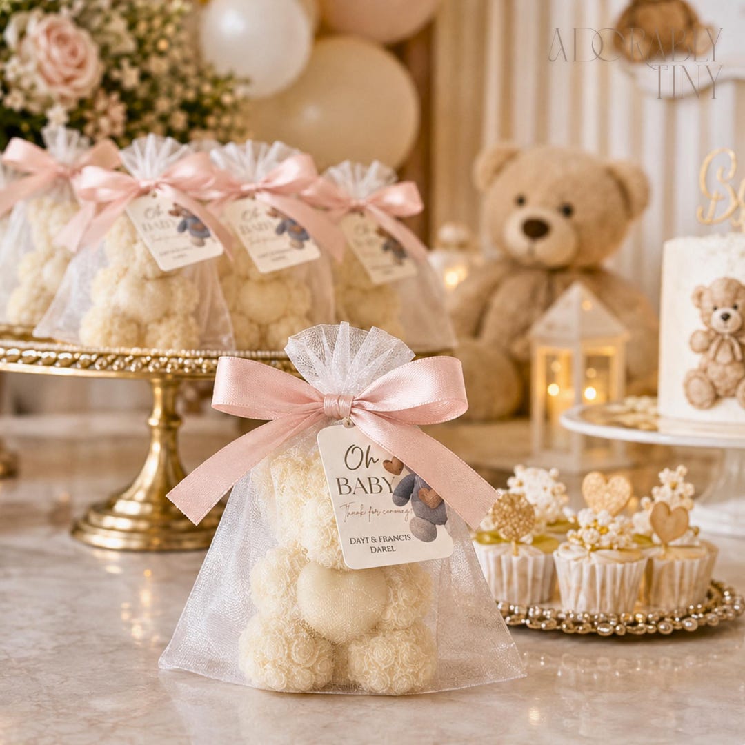Personalized Teddy Bear Baby Shower Favors, Organza Bag Candle Gift - Etsy