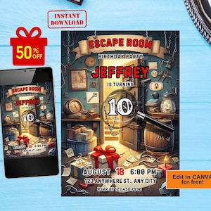 Escape Room Einladung, Escape Room Party Einladung, Kids Escape Room Geburtstagsparty, Detektiv Spieleabend Mobile einladen