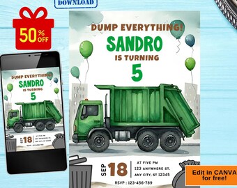 garbage truck birthday invitation, garbage truck party invitation, Dump Truck Party Invitation, Trash Bash Birthday Invitation