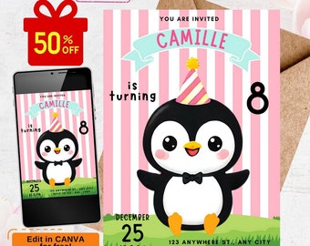 penguin birthday invitation, penguin party invitation, penguin invitation, girl birthday invitation, Winter Party Invite Template, arctic