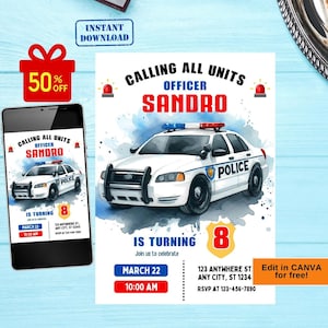 Politieverjaardagsuitnodiging, politie-uitnodiging, uitnodiging politieauto, verjaardagsuitnodiging politiefeest, jongensverjaardag, politieagent