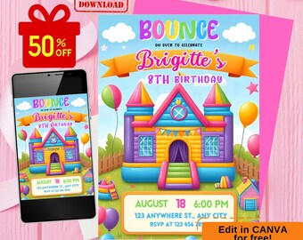 May include: A colorful birthday party invitation featuring a bouncy castle design. The invitation includes the text "BOUNCE" and "Brigitte's 8th Birthday". The date and time are displayed, along with RSVP information. A smartphone displays the same design.