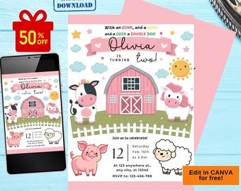farm invitation, farm birthday invitation, farm party invitation, birthday farm invitation, farm invite, pink farm birthday invitation