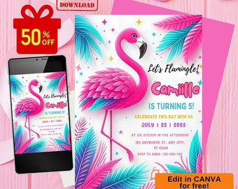 May include: Pink flamingo birthday invitation with a tropical theme. The invitation features a pink flamingo with blue accents, palm leaves, and gold stars. The text on the invitation reads "Let's Flamingle! Camille is turning 5! Celebrate this day with us July 25, 2023 at six o'clock in the afternoon. 123 Anywhere St., Any City, ST 12345. RSVP to Anna: 123-456-789. Edit in Canva for free!"