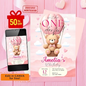 onederful birthday invitation, onederful first birthday, hot air balloon party invite, hot air balloon birthday invite, girl birthday
