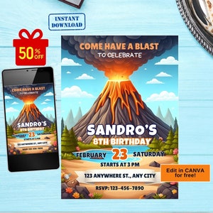 Può includere: Un invito colorato per una festa di compleanno di un bambino di 8 anni. L'invito presenta un vulcano di cartoni animati in eruzione con lava e il testo "Come Have A Blast To Celebrate Sandro's 8th Birthday". L'invito è posizionato su uno sfondo di cielo blu con nuvole bianche. La data della festa è il 23 febbraio e l'ora è le 15:00. La posizione è 123 Anywhere St., Any City. Il numero di RSVP è 123-456-7890. L'invito include anche il testo "Edit in Canva for free!"