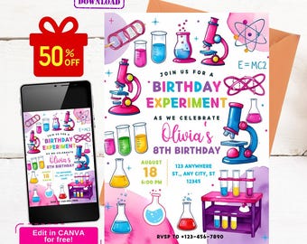 May include: A pink and purple birthday invitation with a science theme. The invitation features cartoon images of beakers, microscopes, and an atom. The text on the invitation reads "Join us for a Birthday Experiment as we celebrate Olivia's 8th Birthday." The invitation also includes the date, time, and location of the party.