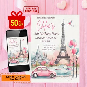 paris birthday invitation, paris invitation, paris party invitation, eiffel tower birthday invitation, french birthday invitation, girl