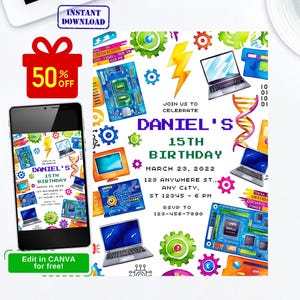 Könnte beinhalten: Eine farbenfrohe Geburtstagseinladung mit technischem Thema. Die Einladung hat einen weißen Hintergrund mit verschiedenen bunten Computerteilen, Zahnrädern und Blitzen. Der Text auf der Einladung lautet "Feiert mit uns Daniels 15. Geburtstag" mit Datum, Uhrzeit und Ort darunter. Die Einladung ist für die Bearbeitung in Canva konzipiert.