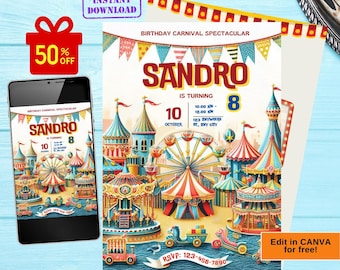 Faire-part d'anniversaire carnaval, faire-part d'anniversaire cirque, faire-part carnaval, étiquette de remerciement cirque carnaval, modèle modifiable, carnaval