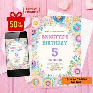 flower birthday invitation, flower party invitation, birthday flower invitation, flower invitation template, flower theme invitation