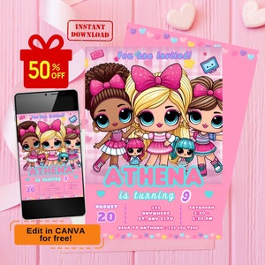 Kleine Puppe-Geburtstags-Einladung, rosa Puppe-Geburtstags-Party Einladung, Puppe Einladung Kinder-Geburtstag, kleine rosa Puppe-Geburtstags-Einladung