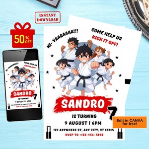 Invito di compleanno di karate, invito per festa di taekwondo, invito di karate, invito di compleanno per ragazzi, festa di karate rossa, compleanno ninja