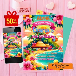 hawaiian birthday invitation, luau invitation, luau birthday invitation, hawaiian party invitation, aloha birthday invitation, hawaiian invi