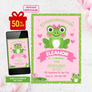 frog birthday invitation, frog invitation, frog party invitation, cute frog birthday invitation, pink frog party, girl birthday invitation