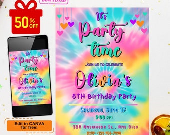May include: A digital invitation for an 8th birthday party. The invitation features a tie-dye background in shades of pink, blue, and yellow. The text "It's Party Time" is written in a colourful, playful font. The invitation also includes the birthday girl's name, Olivia, and the date and time of the party.