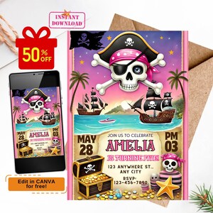 Girl Pirate Birthday Invitation, Pirate Birthday Party Invitation, Pirate Invitation Kid Birthday, Ahoy Pirates Birthday Invitation Editable