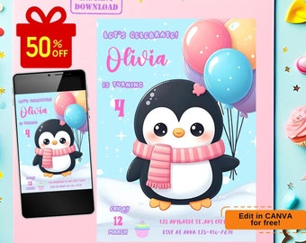 penguin invitation, penguin party birthday invitation, Pastel Girl Birthday Balloons, cute girl birthday invite, winter birthday invitation