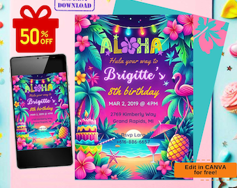 hawaiian birthday invitataion, hwaiian birthday party invitation, hawaiian party invitation, luau invitation, luau birthday party invitation