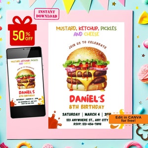 Burger Party Birthday Invitation, burger invitation, snack party invitation, burger party invitation, snack party invites, kids birthday