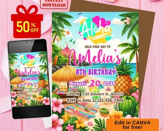 hawaiianische Geburtstagseinladung, Luau-Einladung, Luau-Geburtstagseinladung, hawaiianische Partyeinladung, Aloha-Geburtstagseinladung, hawaiianisches Invi