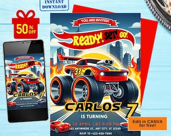 Hot cars wheels Invitation, Race Cars Invitation, Race Car Birthday Party, Car Birthday Invitation, Cars Invitation | monster truck