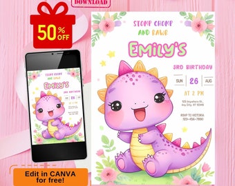 dinosaur birthday invitation, dinosaur invitation, pink dinosaur invitation, dinosaur girl birthday invitation, Jurassic Girl Birthday