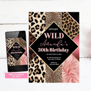 Roze luipaarduitnodiging, bewerkbaar let get wild feestuitnodiging, digitale dierenprintuitnodiging, luipaardprintuitnodiging, dansverjaardag