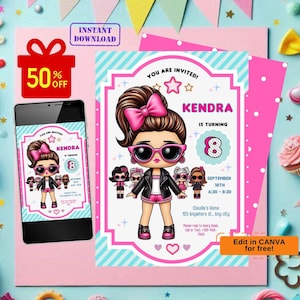 Convite de aniversário de boneca pequena, convite de aniversário de boneca rosa, convite de aniversário infantil da Lola, convite de aniversário de boneca pequena rosa