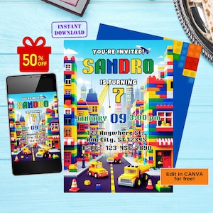 Building Blocks Birthday Invitation, Building Bricks Kids Birthday Party Invitation,Boy Building Block Party Building Bricks Birthday Invite