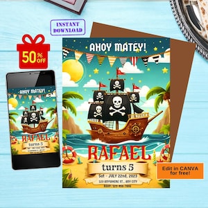 Invitación de cumpleaños pirata, invitación para fiesta de cumpleaños pirata, invitación pirata para cumpleaños de niños, fiesta pirata, plantilla digital editable pirata