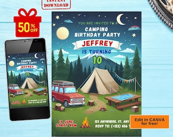 camping birthday invitation, camping party invite, camping invitation, Boy Campout, Smores Party, smores party invitation, editable template