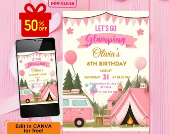Glamping-Geburtstags-Einladung, Camping-Party-Einladung, Glamping-Party Einladung, Smore-Party Einladung, Camping-Geburtstags-Einladung