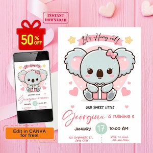 koala birthday invitation, koala party invite, koala invitation, cute koala birthday party invite, girl birthday invitation, pink koala