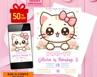 Kitty Cat Birthday Invitation, cute cat birthday invitation, kitty party invitation, cat invitation, cat party invitation, kitty birthday
