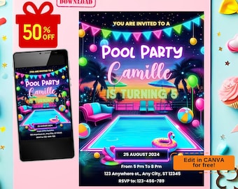 neon pool party birthday invitation, pool party invitation, Neon Pool Party Invitation, Swimming Party Invitation, Neon Party Invitation