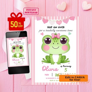 Puede incluir: Una invitación de cumpleaños de rana rosa y verde con el texto "Hop on over for a toadally awesome time". La invitación es para la fiesta de cumpleaños número 5 de Olivia, el 26 de mayo. La invitación tiene un fondo a rayas rosa y blanco con corazones rosas.