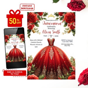 EDITABLE Red Quinceañera Invitation, Butterfly Party Template, Floral Mis Quince Anos, Sweet 16 Birthday Girl Tiara, 15th Birthday Invite