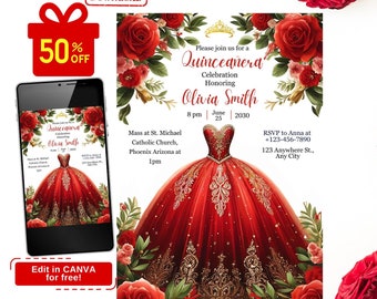May include: A digital invitation for a Quinceañera celebration. The design features a red ball gown with gold accents, surrounded by red roses and greenery. The invitation includes event details, the honoree's name, and RSVP information. A smartphone displays the invitation, and a gift box graphic indicates a 50% off promotion.