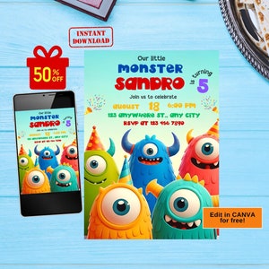 Monster-Geburtstags-Einladung, kleine Monster-Party einladen, Monster-Einladung, Monster-Bash-Vorlage, niedliche Monster-Geburtstags-Einladung