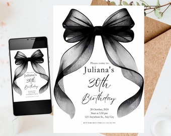 Black Bow Birthday Invitation, Minimalist Black Bow Invitation, Elegant 30th Birthday Invite, Black Ribbon Coquette 30th birthday, Coquette