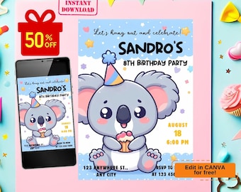 Puede incluir: Una invitación de fiesta de cumpleaños azul y rosa con un koala de dibujos animados sosteniendo un cupcake. La invitación dice "Let's hang out and celebrate! Sandro's 8th Birthday Party" e incluye la fecha y la hora de la fiesta. La invitación es editable en Canva.