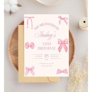 pink bow birthday invitation, pink bow invitation, coquette bow birthday invitation, pink coquette birthday invitation, bow invite, pink bow