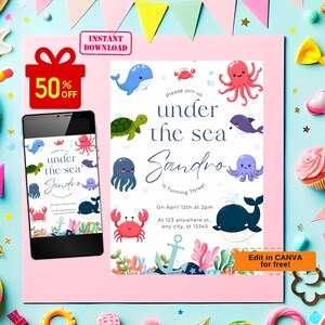under the sea birthday invitation, under the sea invitation, oneder the sea invitation, whale birthday invite, boy ocean theme invitation,